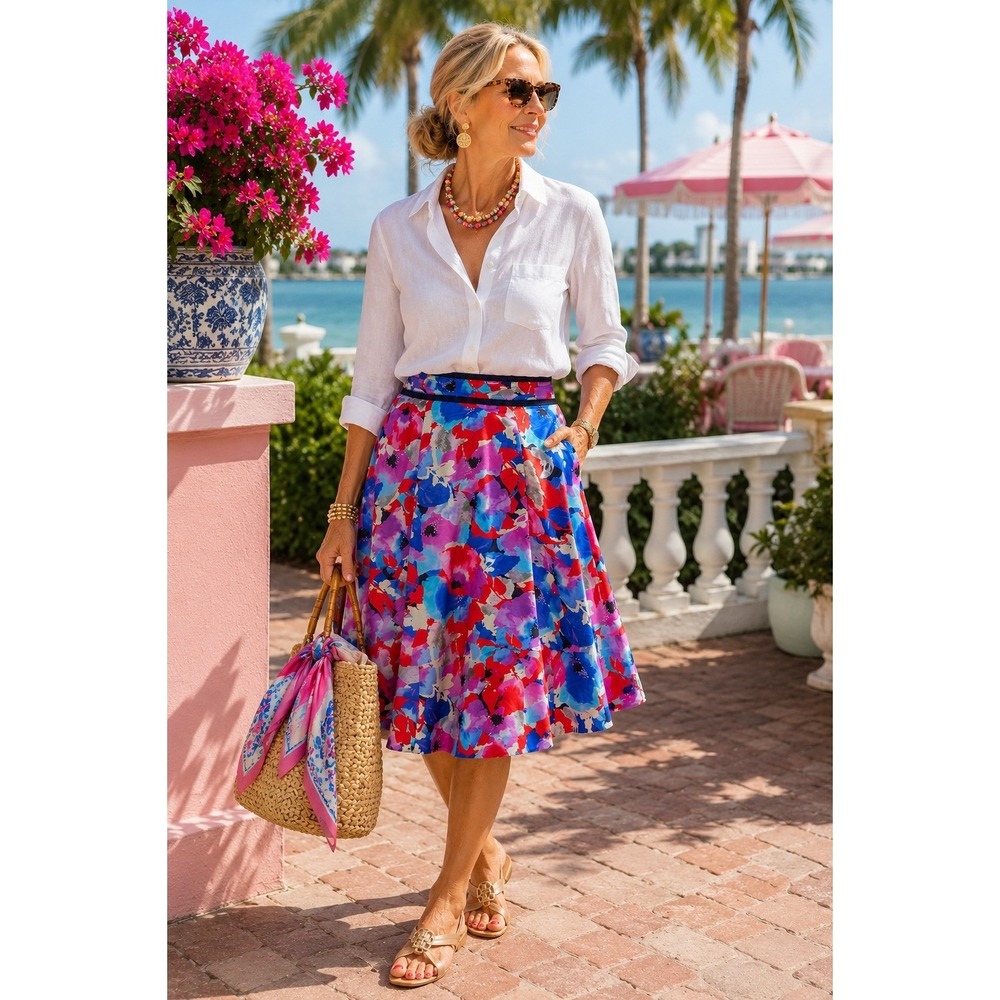 Etcetera Watercolor Floral Cotton Silk A-Line Skirt Blue Red Pink Size 4